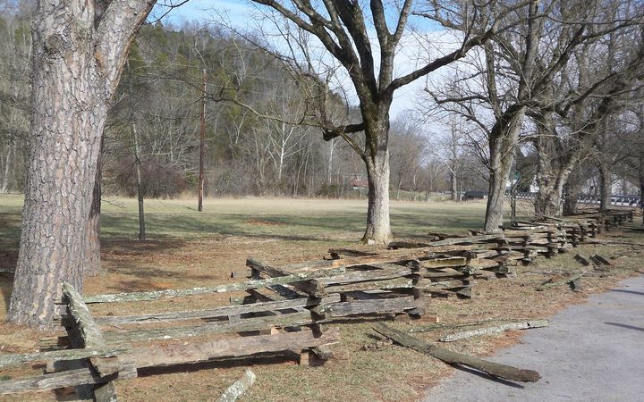 Zigzag split rail fence under bare trees beside a paved path